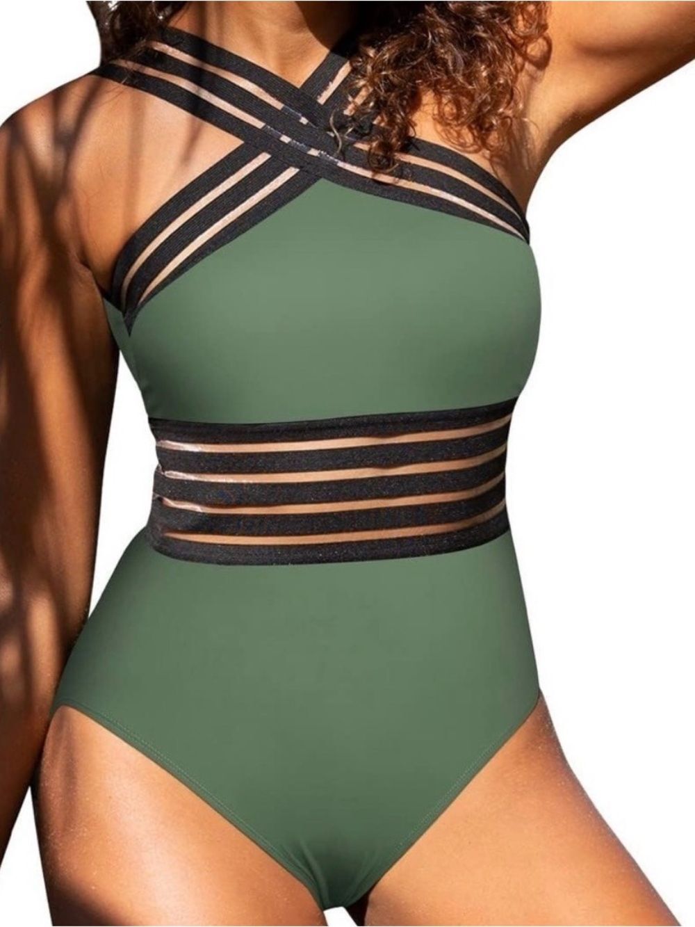 Hilor Olive Green Strappy Mesh-Accented One-Piece Swimsuit